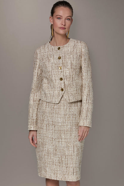 CROPPED SEQUINED TWEED LADY JACKET - Dark Cream Multi