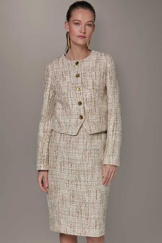 CROPPED SEQUINED TWEED LADY JACKET - Dark Cream Multi