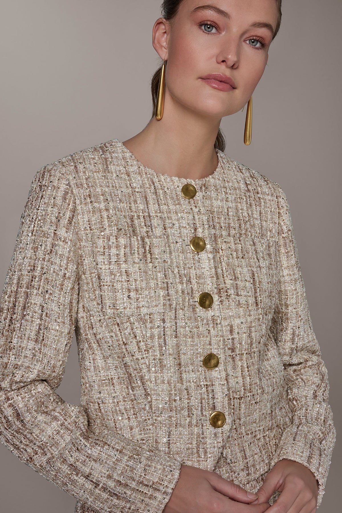 CROPPED SEQUINED TWEED LADY JACKET - Dark Cream Multi
