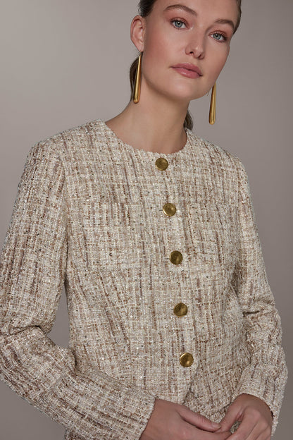 CROPPED SEQUINED TWEED LADY JACKET - Dark Cream Multi