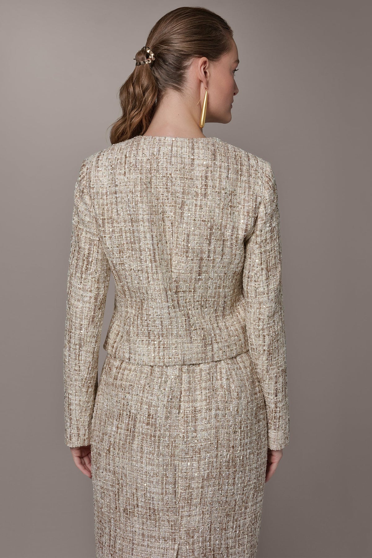 CROPPED SEQUINED TWEED LADY JACKET - Dark Cream Multi