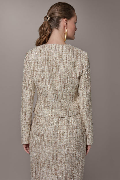 CROPPED SEQUINED TWEED LADY JACKET - Dark Cream Multi