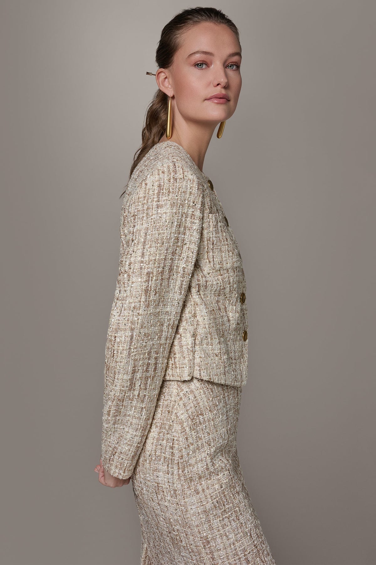 CROPPED SEQUINED TWEED LADY JACKET - Dark Cream Multi