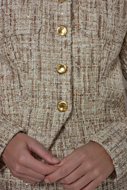 CROPPED SEQUINED TWEED LADY JACKET - Dark Cream Multi