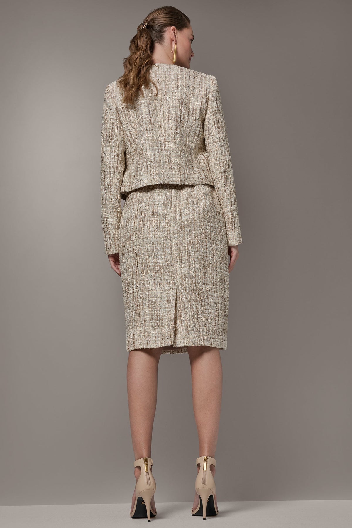 CROPPED SEQUINED TWEED LADY JACKET - Dark Cream Multi