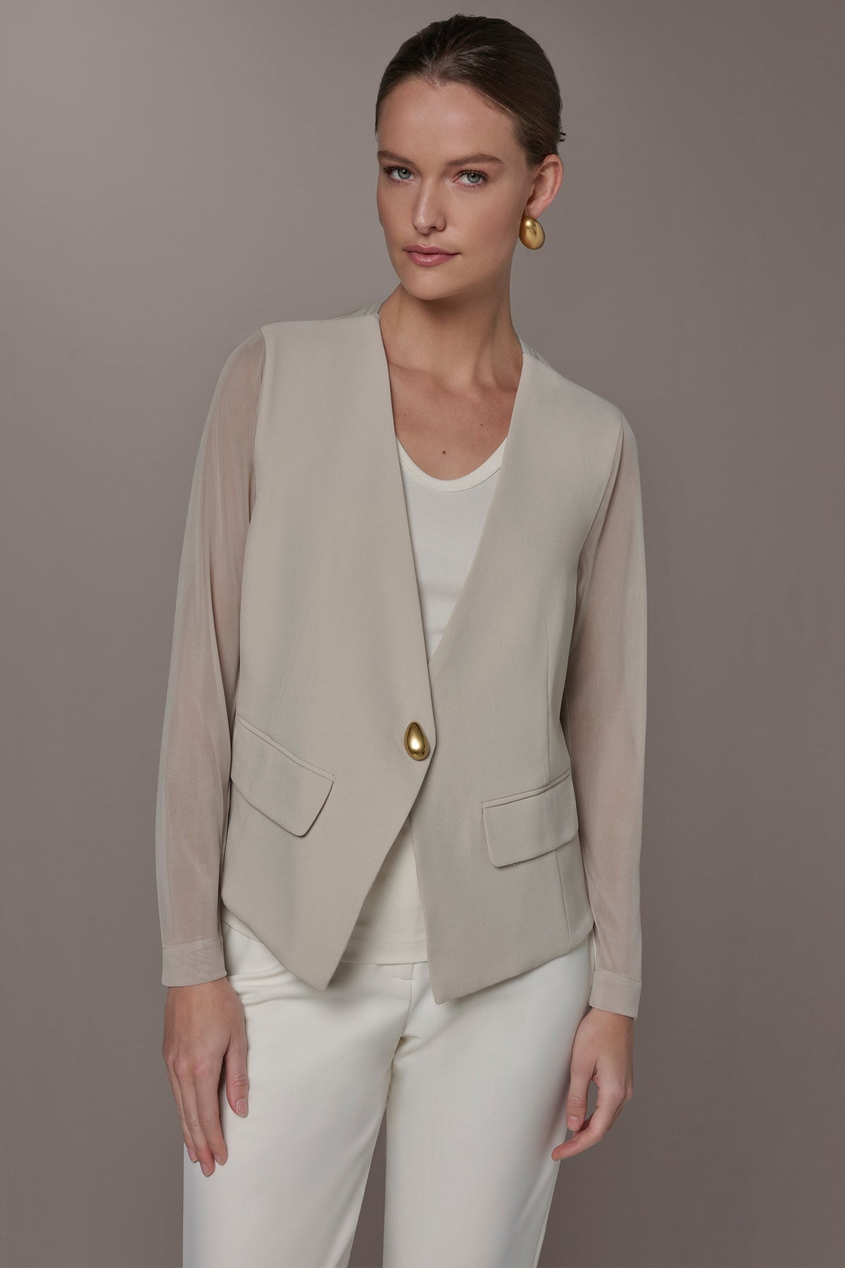 CHIFFON PANELED ONE BUTTON JACKET - Tuscan Grey