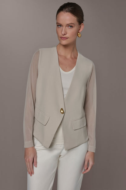CHIFFON PANELED ONE BUTTON JACKET - Tuscan Grey