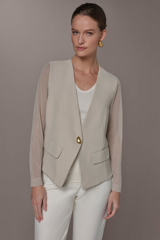 CHIFFON PANELED ONE BUTTON JACKET - Tuscan Grey