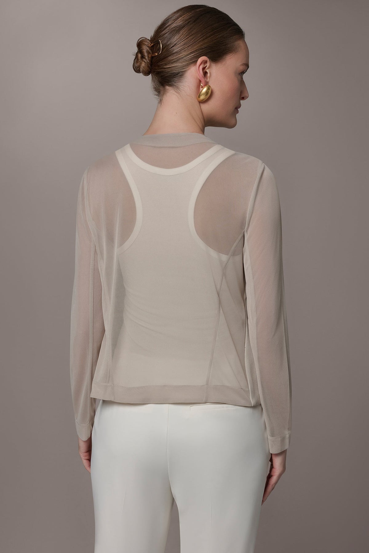 CHIFFON PANELED ONE BUTTON JACKET - Tuscan Grey