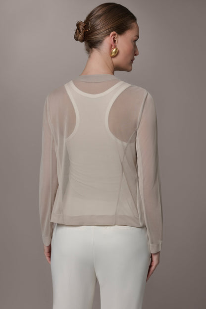 CHIFFON PANELED ONE BUTTON JACKET - Tuscan Grey