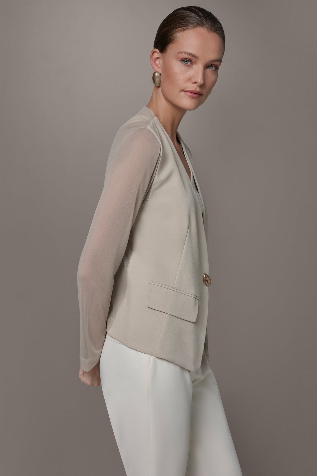 CHIFFON PANELED ONE BUTTON JACKET - Tuscan Grey