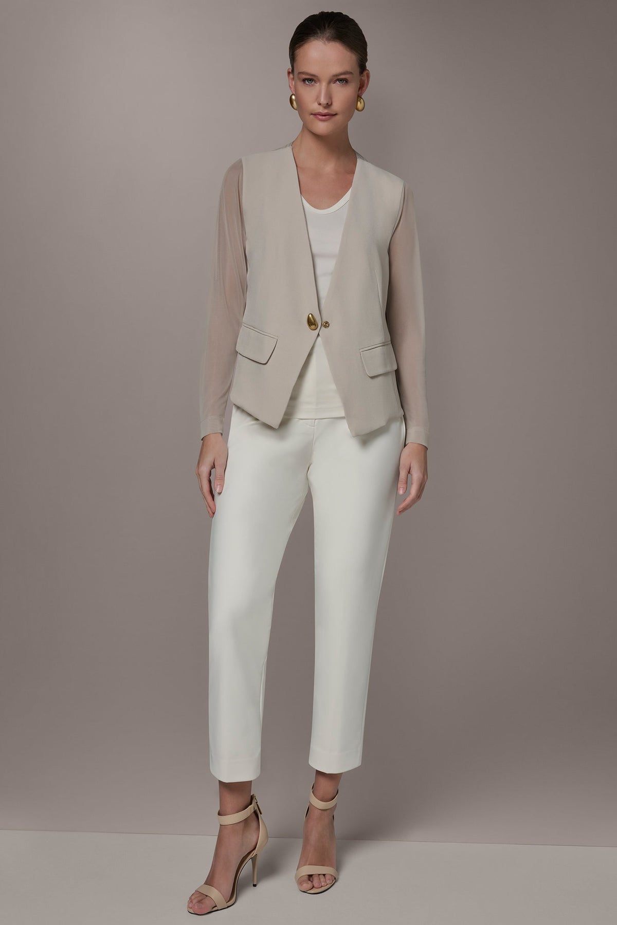 CHIFFON PANELED ONE BUTTON JACKET - Tuscan Grey