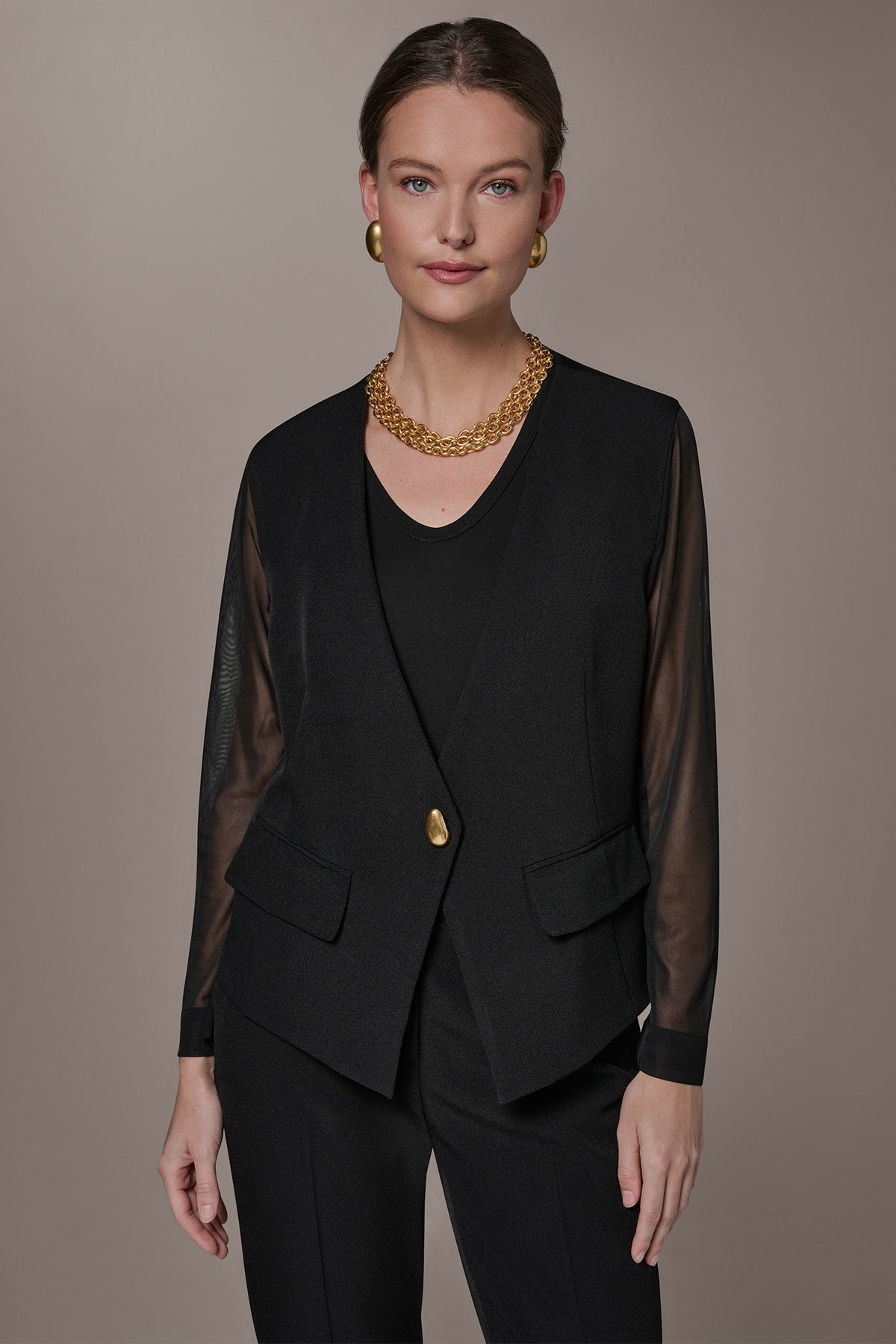 CHIFFON PANELED ONE BUTTON JACKET - Black