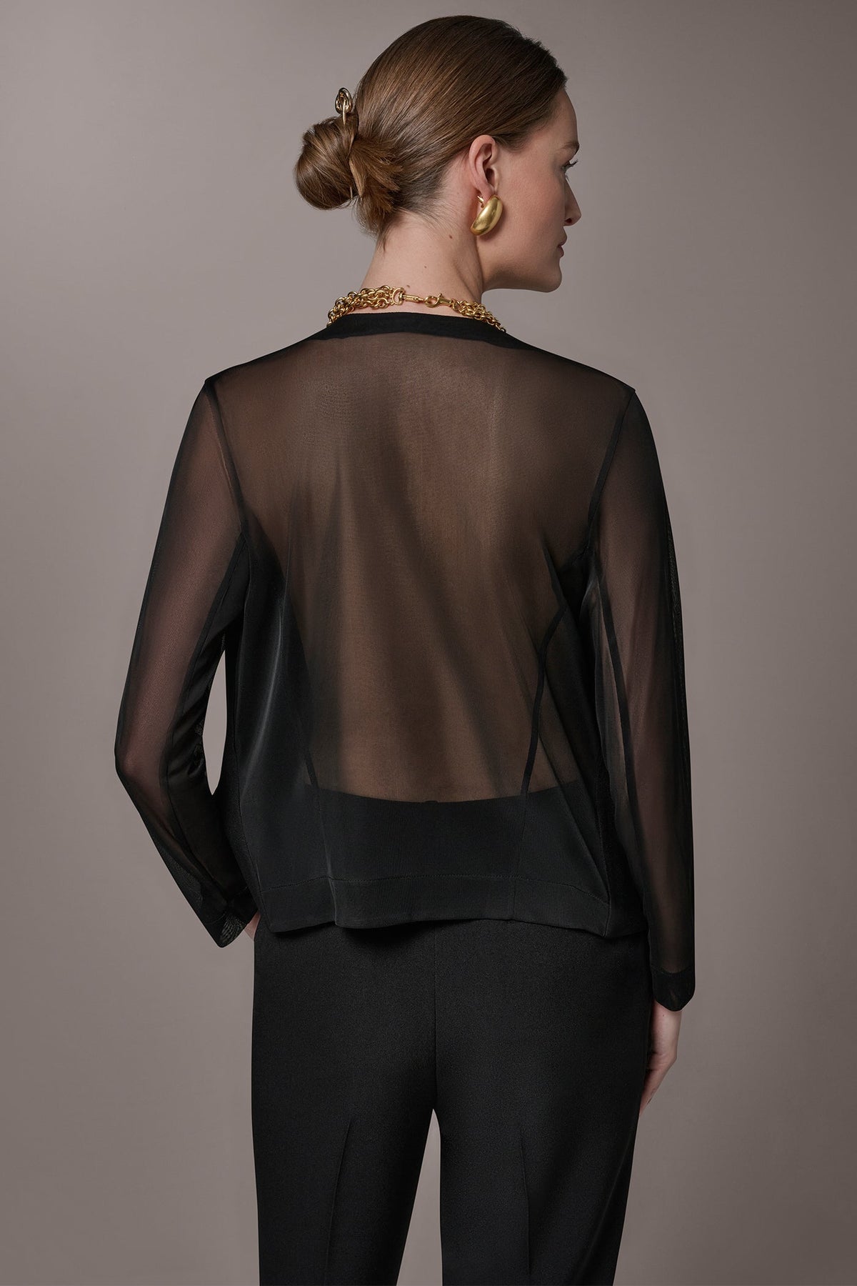 CHIFFON PANELED ONE BUTTON JACKET - Black
