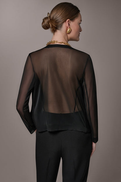 CHIFFON PANELED ONE BUTTON JACKET - Black