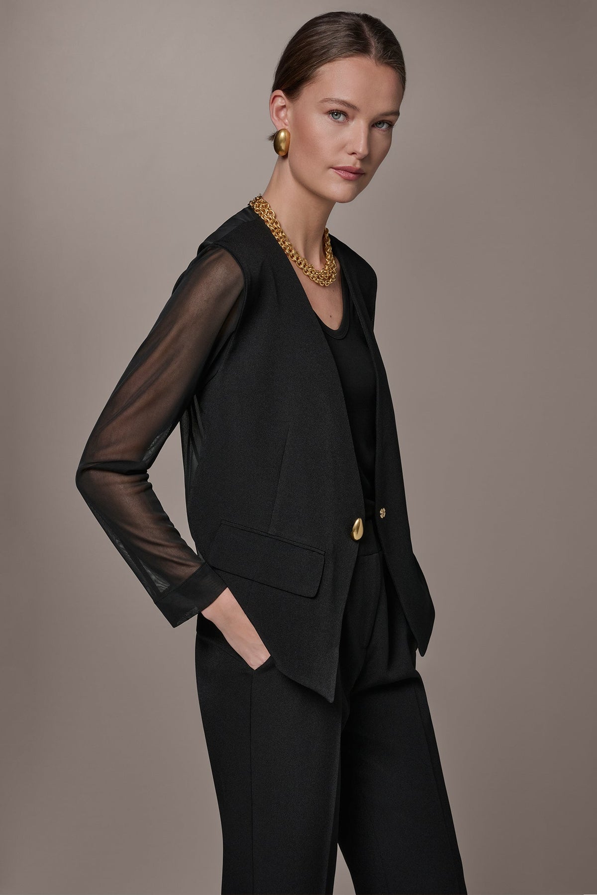 CHIFFON PANELED ONE BUTTON JACKET - Black