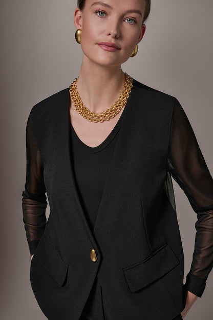 CHIFFON PANELED ONE BUTTON JACKET - Black