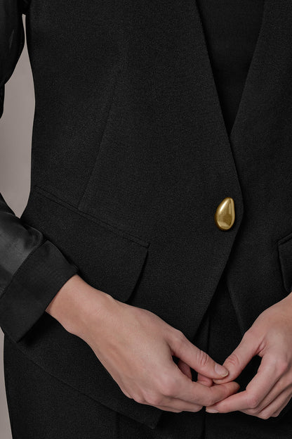 CHIFFON PANELED ONE BUTTON JACKET - Black