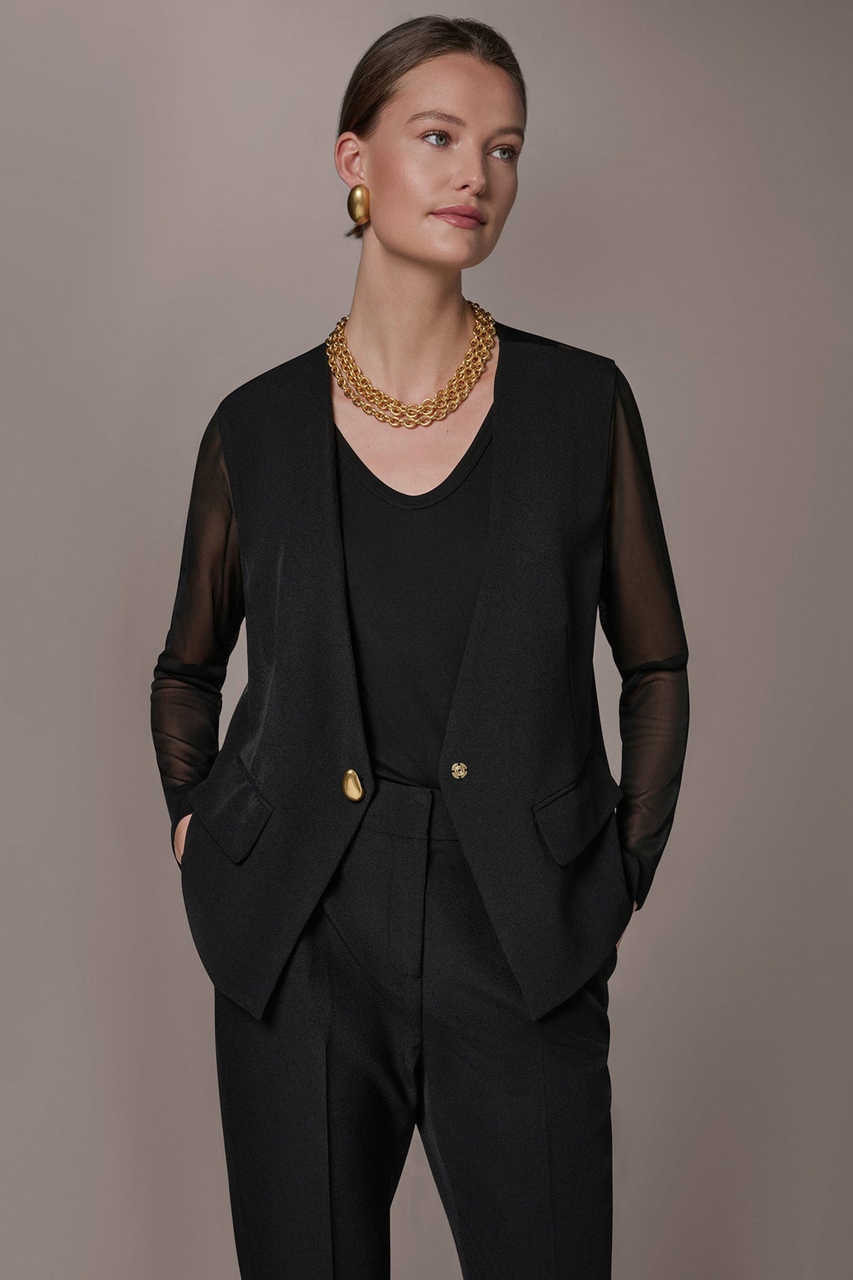 CHIFFON PANELED ONE BUTTON JACKET - Black