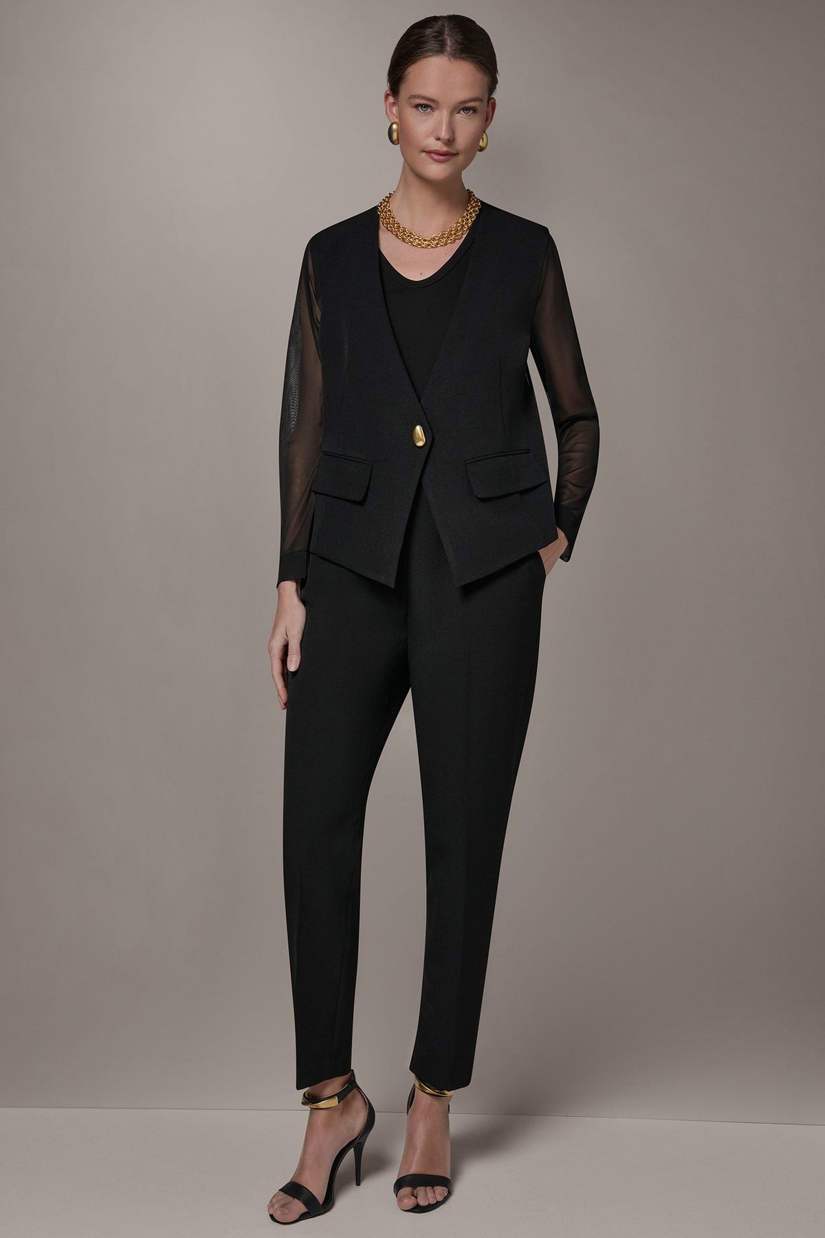 CHIFFON PANELED ONE BUTTON JACKET - Black