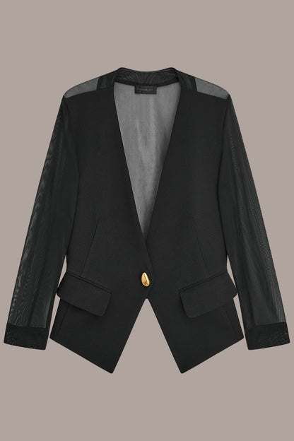 CHIFFON PANELED ONE BUTTON JACKET - Black