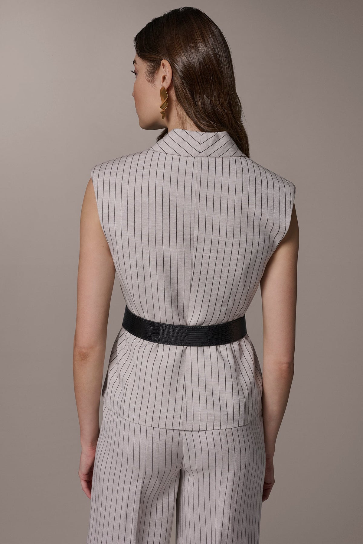 LINEN-BLEND PINSTRIPED SUIT VEST - Flax/Black