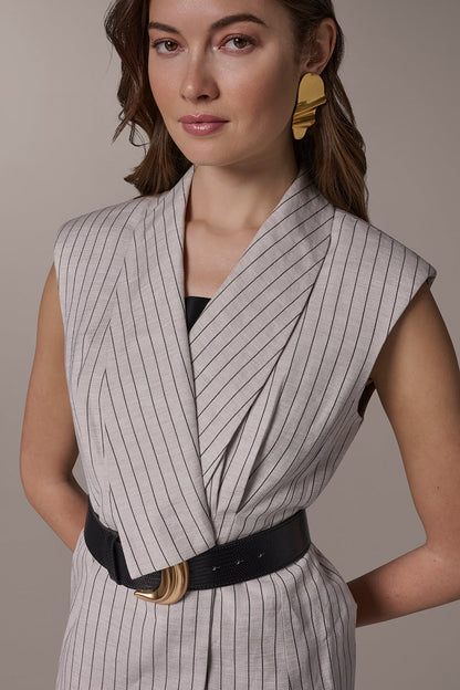 LINEN-BLEND PINSTRIPED SUIT VEST - Flax/Black