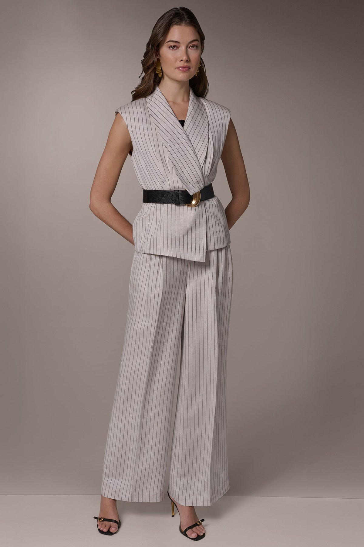 LINEN-BLEND PINSTRIPED SUIT VEST - Flax/Black