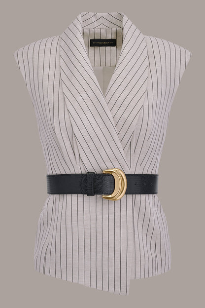 LINEN-BLEND PINSTRIPED SUIT VEST - Flax/Black