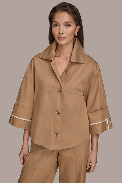 3/4-SLEEVE COTTON GABARDINE SWING JACKET - FAWN