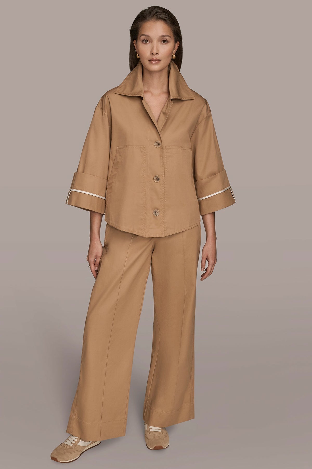 3/4-SLEEVE COTTON GABARDINE SWING JACKET - FAWN