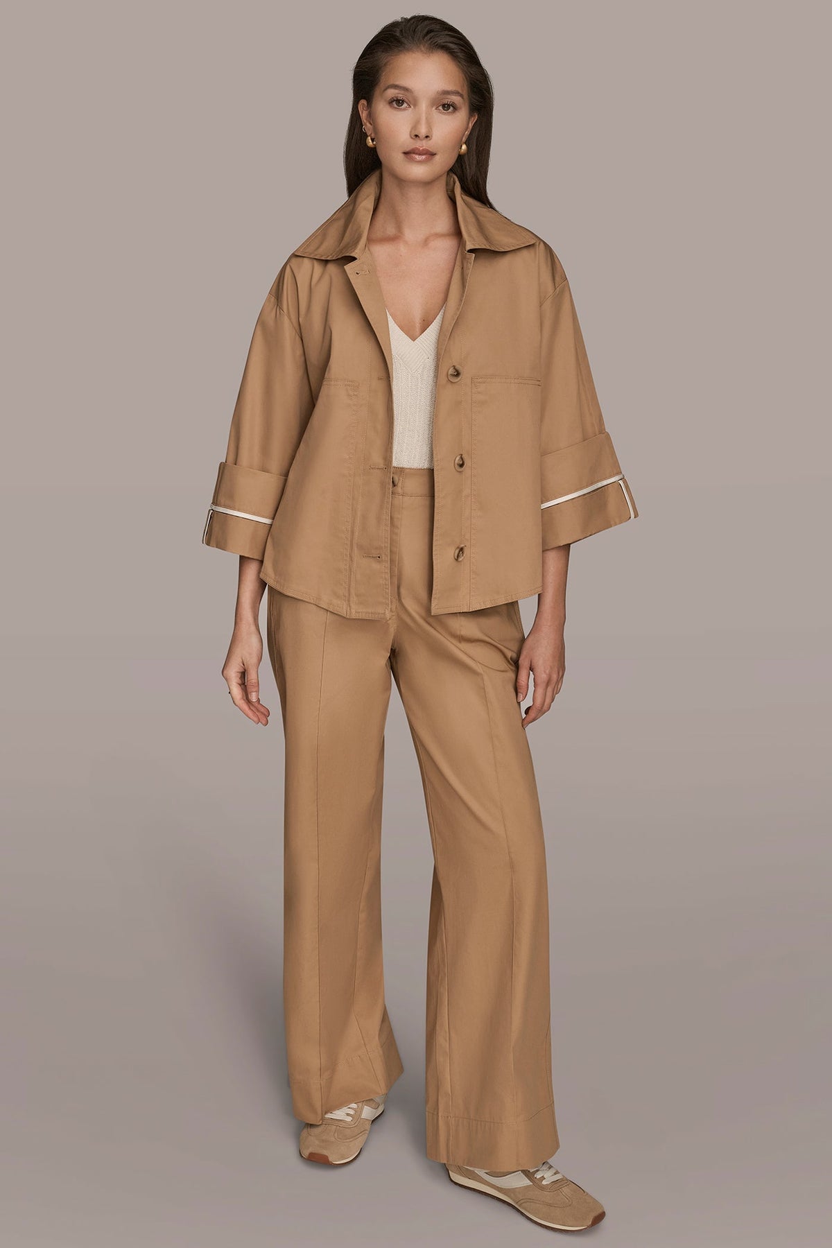 3/4-SLEEVE COTTON GABARDINE SWING JACKET - FAWN