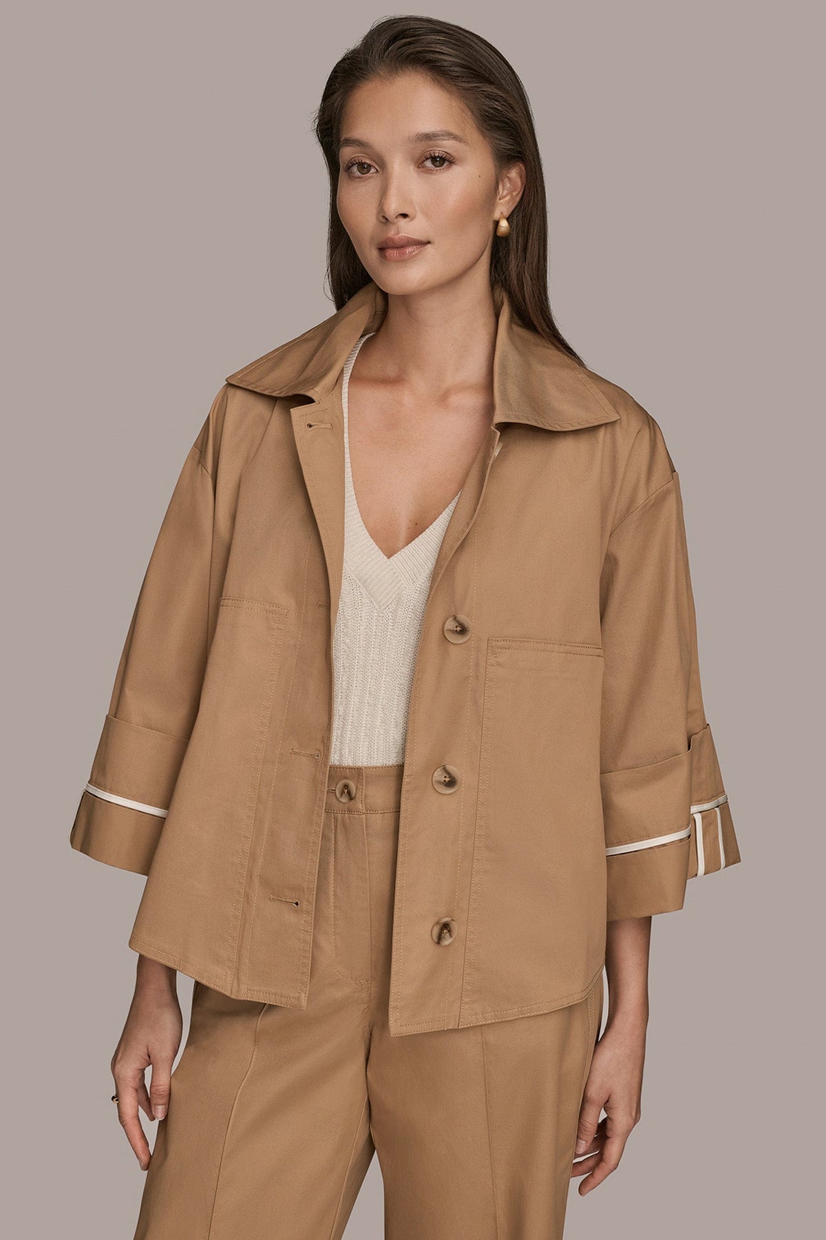 3/4-SLEEVE COTTON GABARDINE SWING JACKET - FAWN