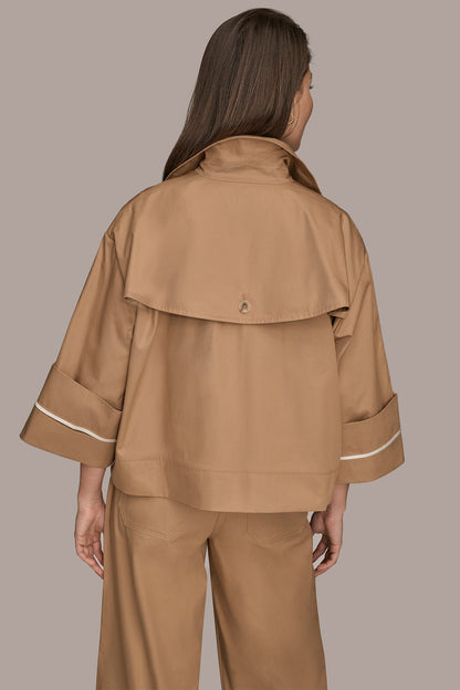 3/4-SLEEVE COTTON GABARDINE SWING JACKET - FAWN