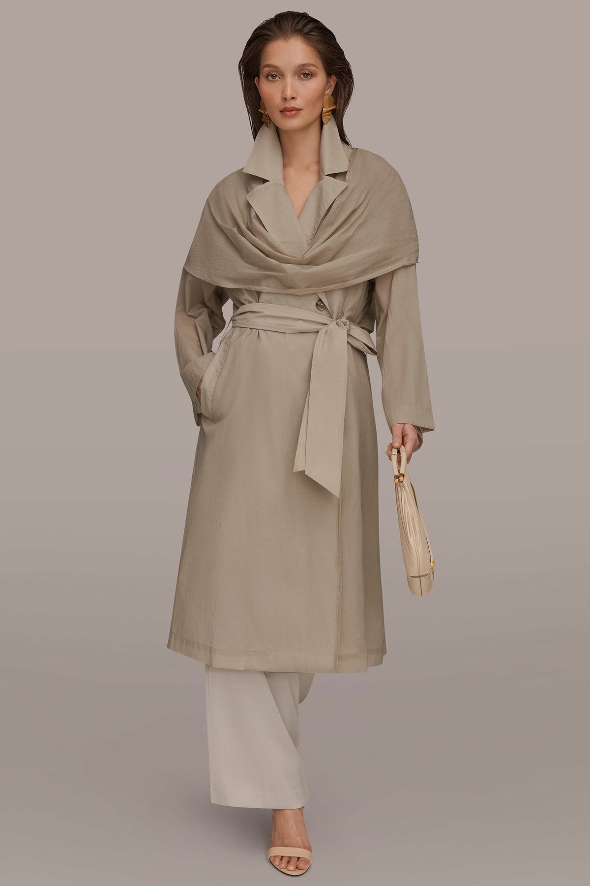 DRAPED DOUBLE-BREASTED TRENCH COAT - Tuscan Grey