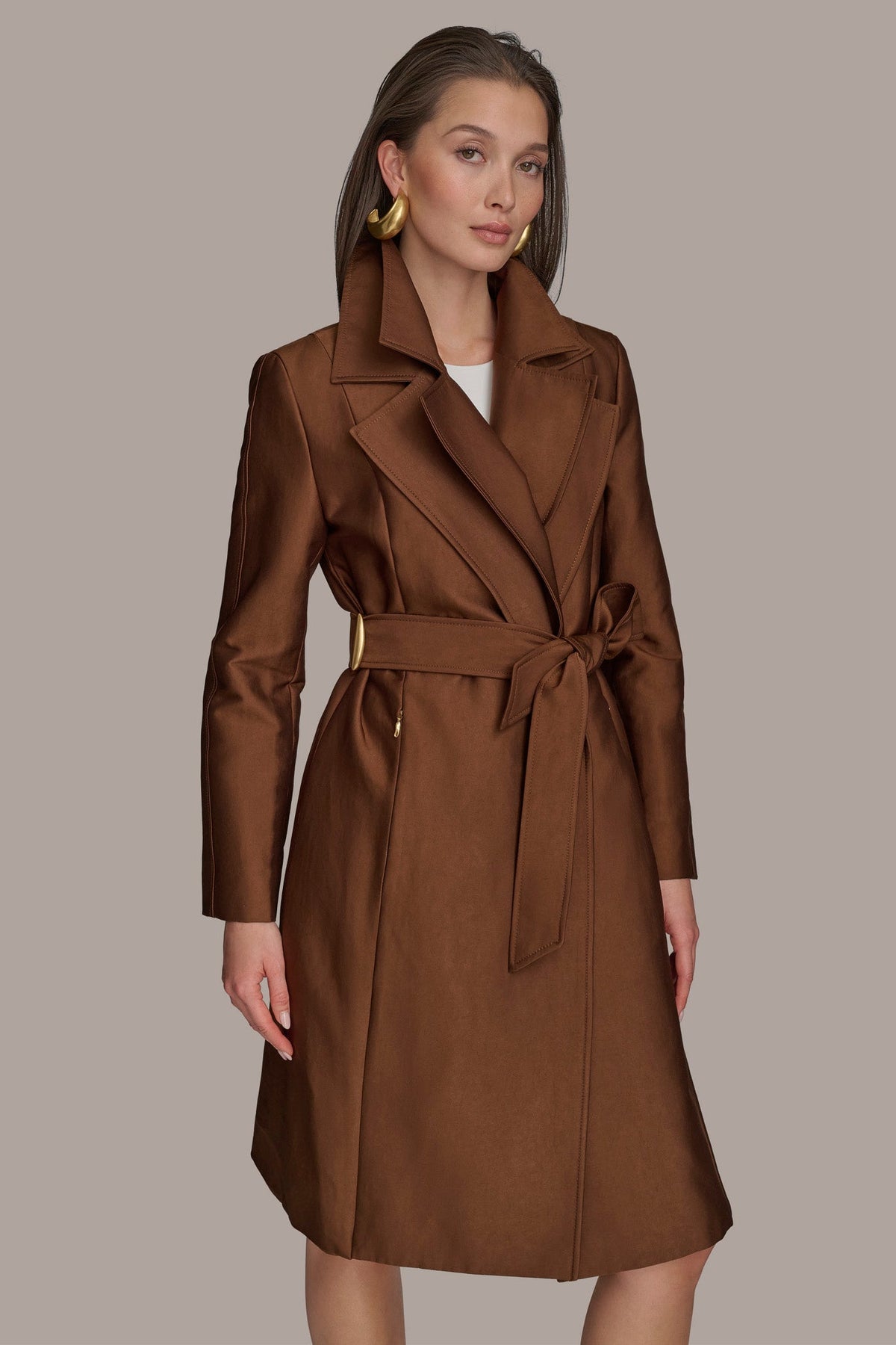 DOUBLE COLLAR SATIN TRENCH COAT - TOBACCO
