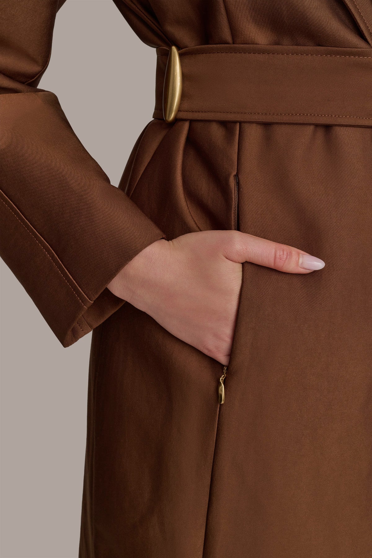 DOUBLE COLLAR SATIN TRENCH COAT - TOBACCO