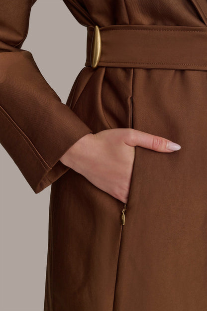 DOUBLE COLLAR SATIN TRENCH COAT - TOBACCO