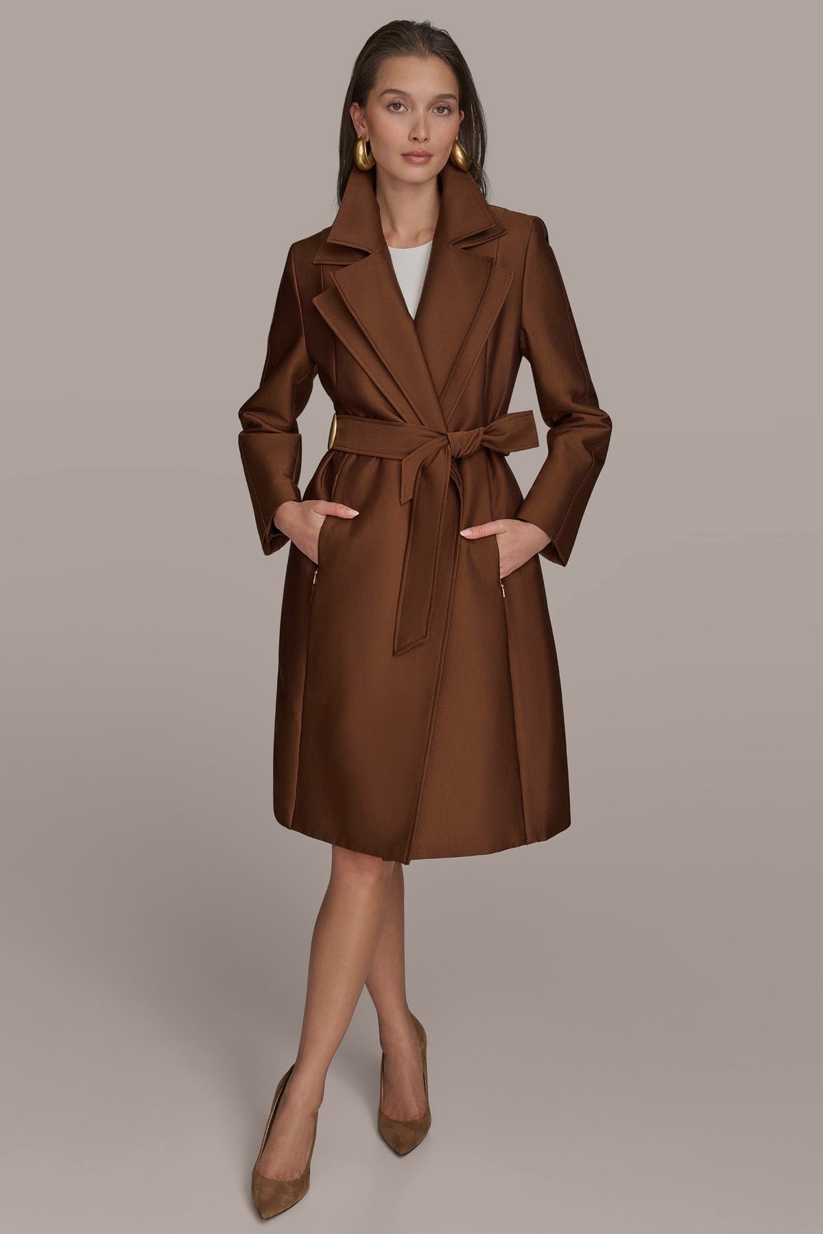 DOUBLE COLLAR SATIN TRENCH COAT - TOBACCO