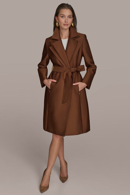 DOUBLE COLLAR SATIN TRENCH COAT - TOBACCO