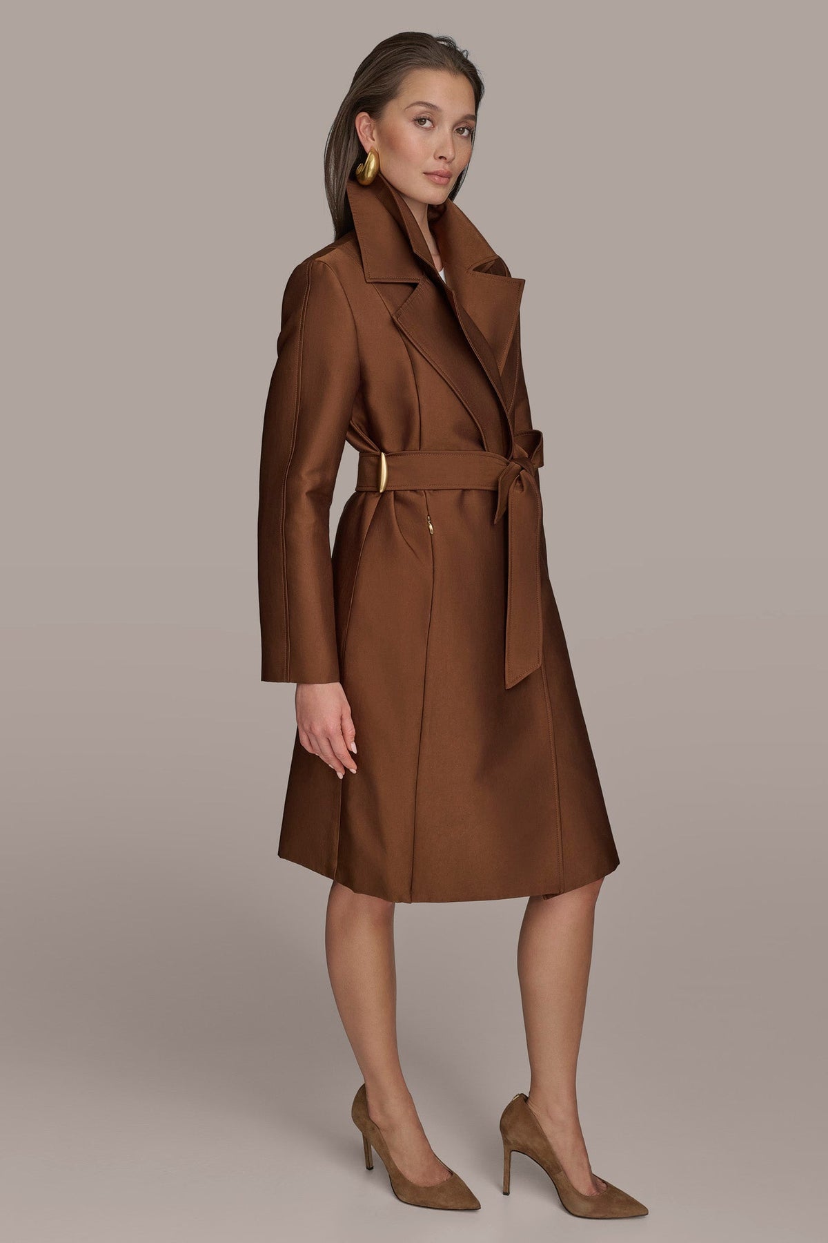 DOUBLE COLLAR SATIN TRENCH COAT - TOBACCO