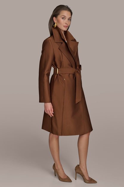 DOUBLE COLLAR SATIN TRENCH COAT - TOBACCO