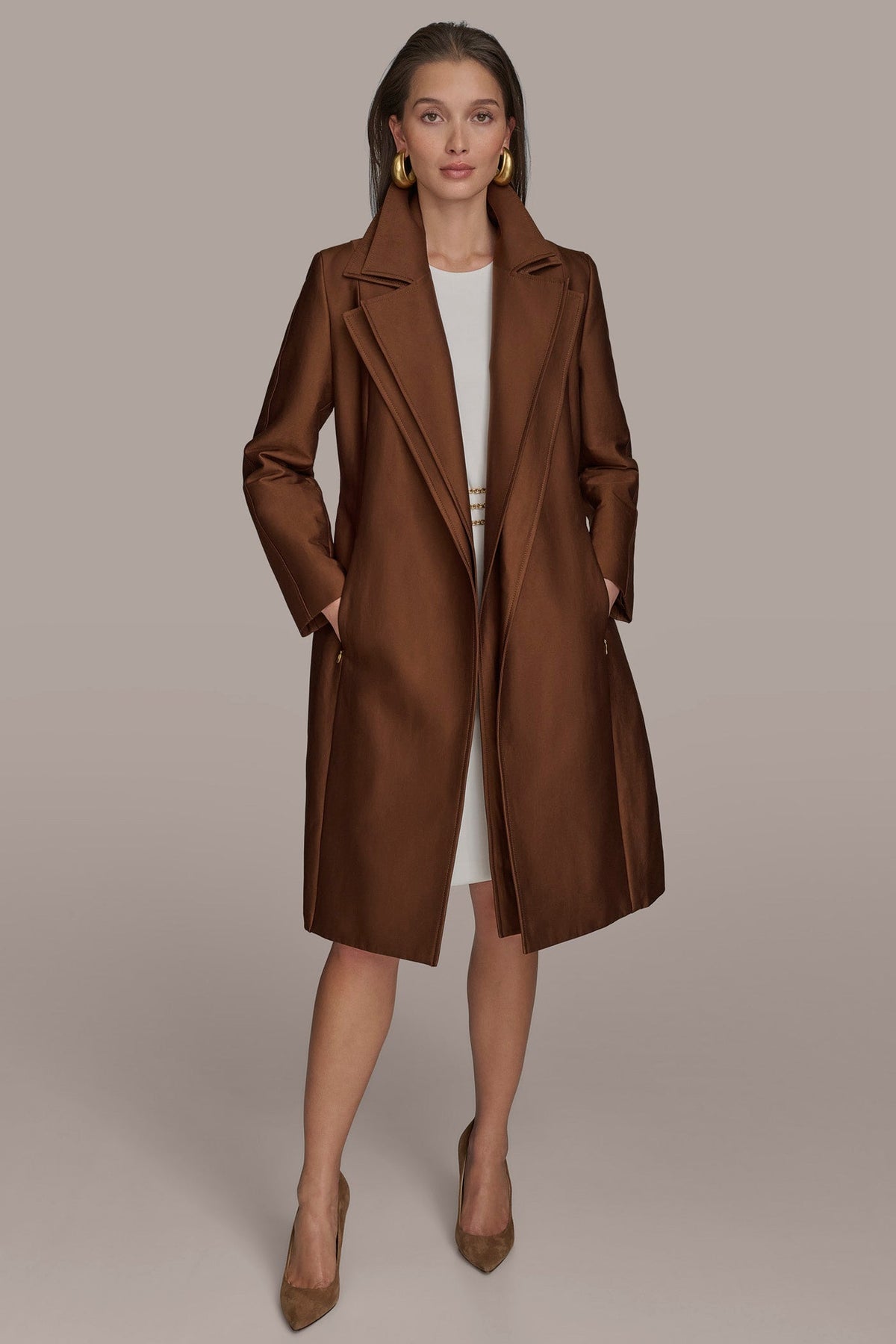 DOUBLE COLLAR SATIN TRENCH COAT - TOBACCO