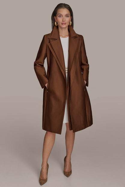 DOUBLE COLLAR SATIN TRENCH COAT - TOBACCO