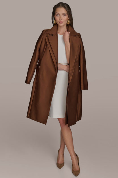 DOUBLE COLLAR SATIN TRENCH COAT - TOBACCO