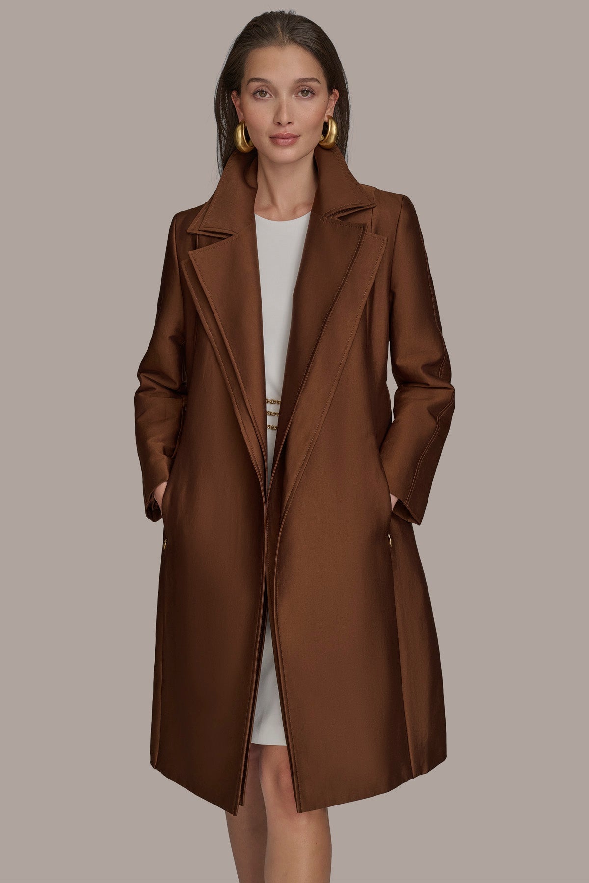 DOUBLE COLLAR SATIN TRENCH COAT - TOBACCO