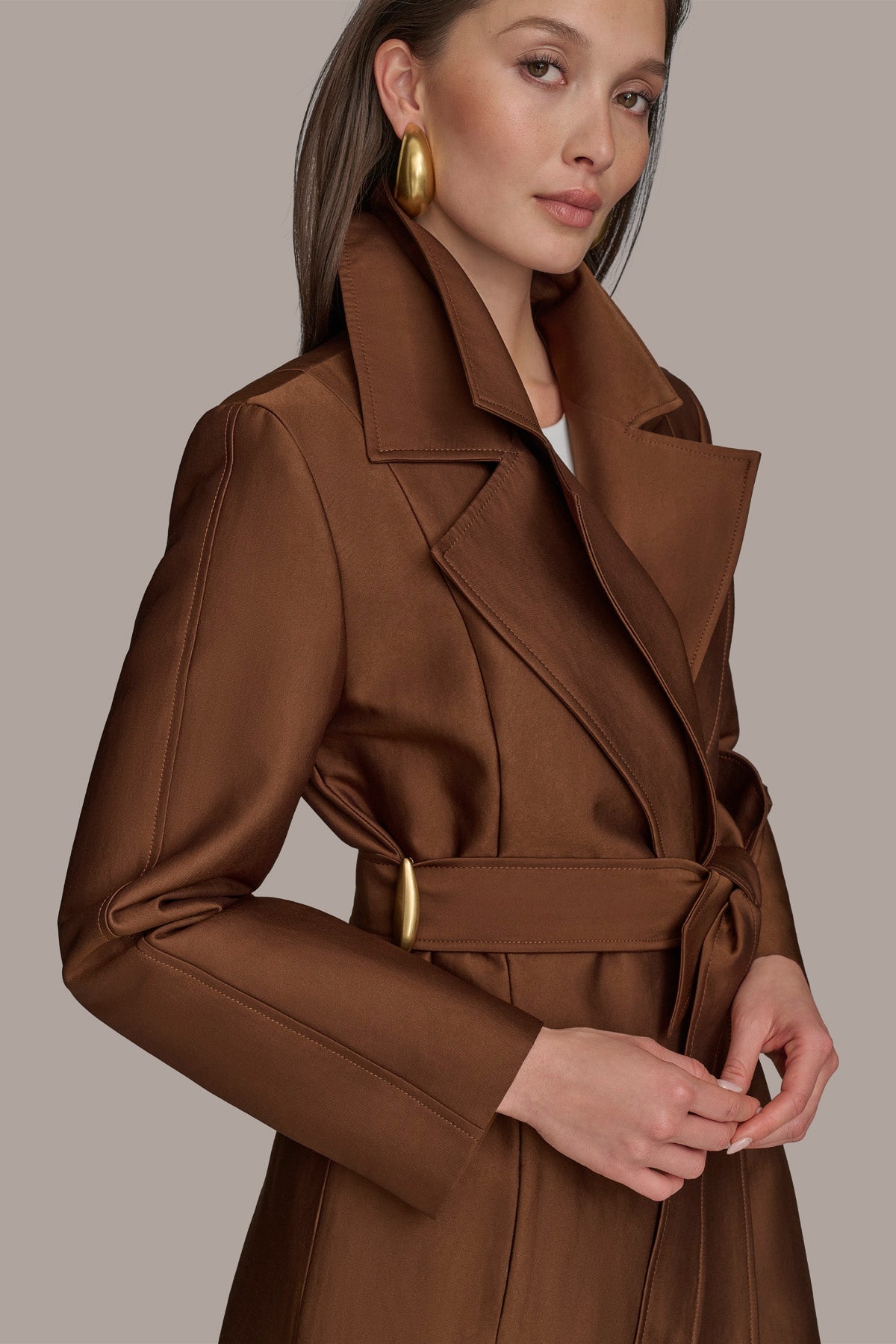 DOUBLE COLLAR SATIN TRENCH COAT - TOBACCO