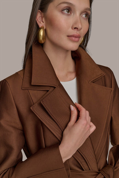DOUBLE COLLAR SATIN TRENCH COAT - TOBACCO