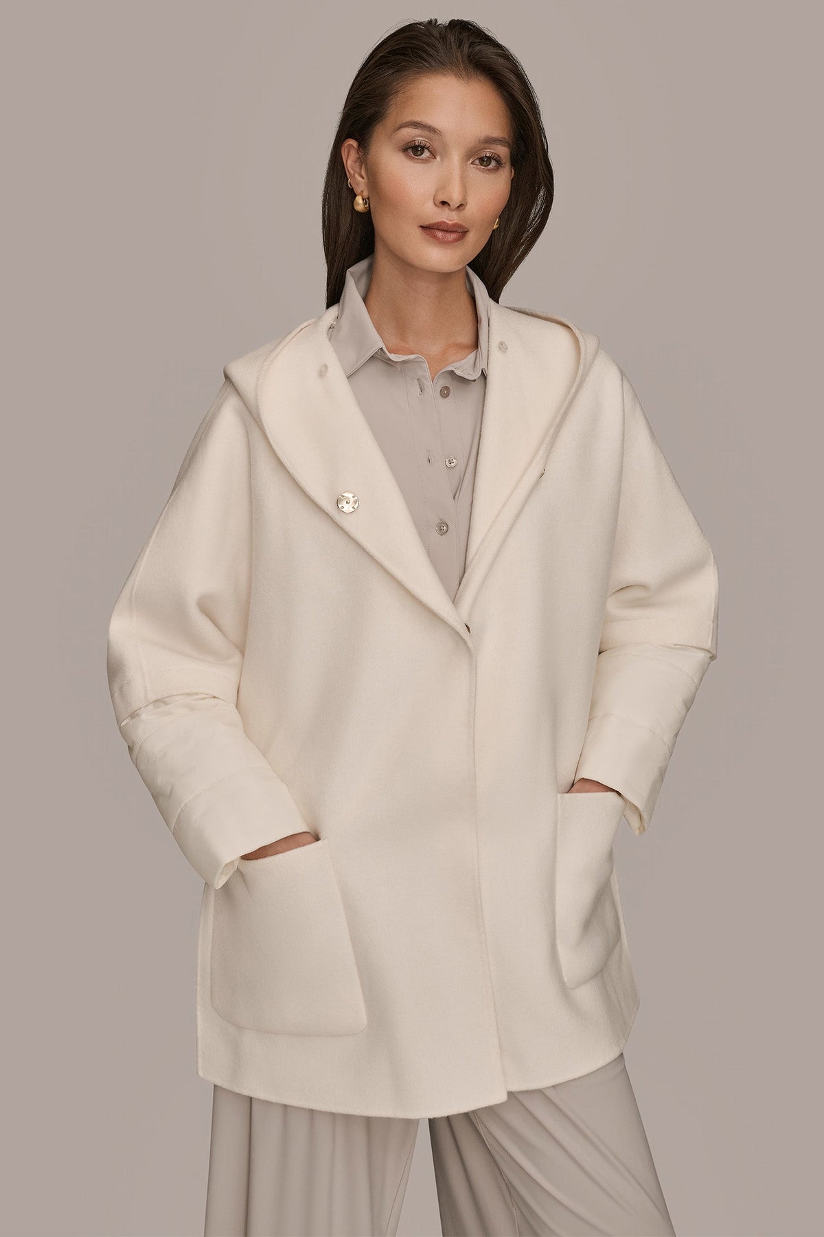 HOODED WOOL-BLEND CAPE COAT - CREAM
