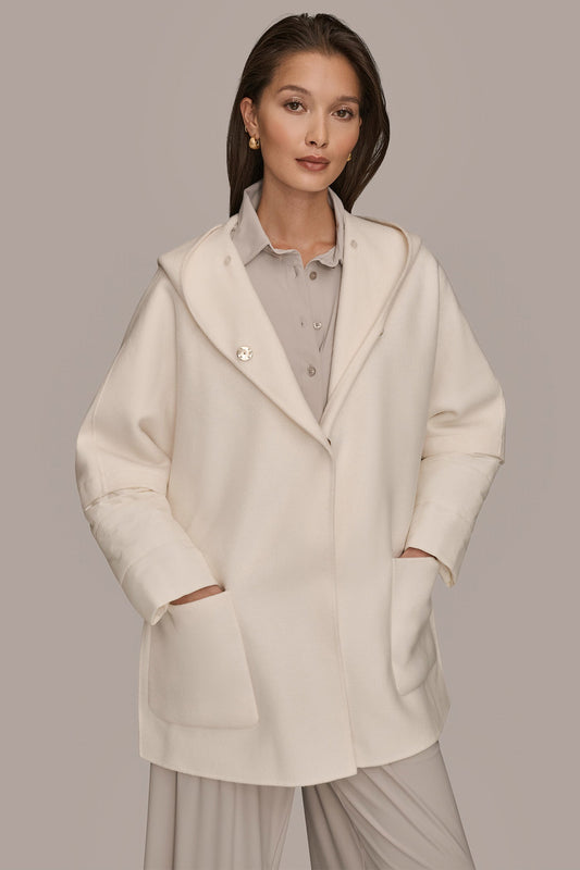 HOODED WOOL-BLEND CAPE COAT - CREAM
